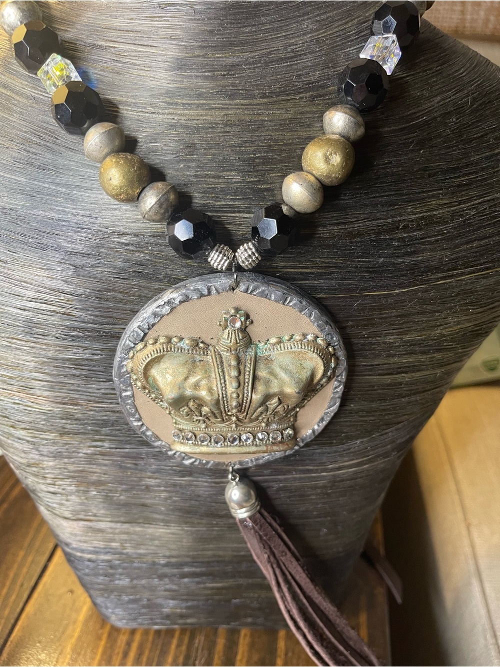 Crown Pendant Beaded Necklace in Gold and Black Queen A Rare Bird